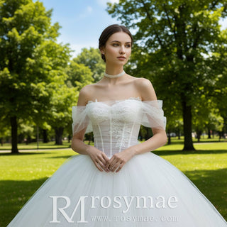 Tulle Beach Wedding Dresses with Off Shoulder Sleeves - Rosymae