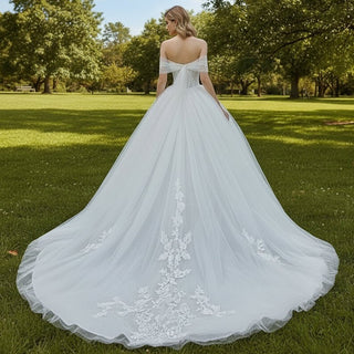 Tulle Beach Wedding Dresses with Off Shoulder Sleeves - Rosymae