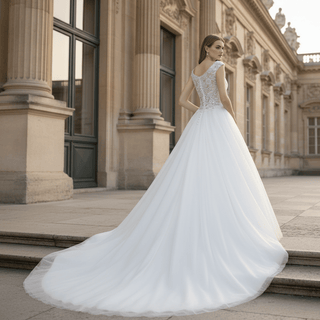 Tulle Cap-sleeve Empire Wedding Dress With Sheer Back - Rosymae