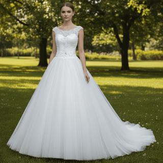 Tulle Cap-sleeve Empire Wedding Dress With Sheer Back - Rosymae