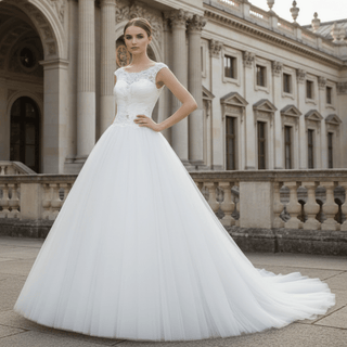 Tulle Cap-sleeve Empire Wedding Dress With Sheer Back - Rosymae