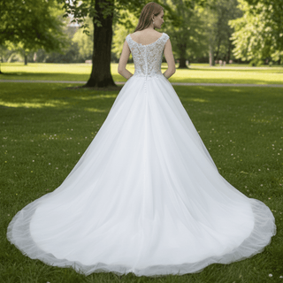 Tulle Cap-sleeve Empire Wedding Dress With Sheer Back - Rosymae