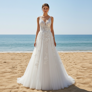 Sheer Bodice Elegant Tulle Lace A-line Wedding Dress with Vneck