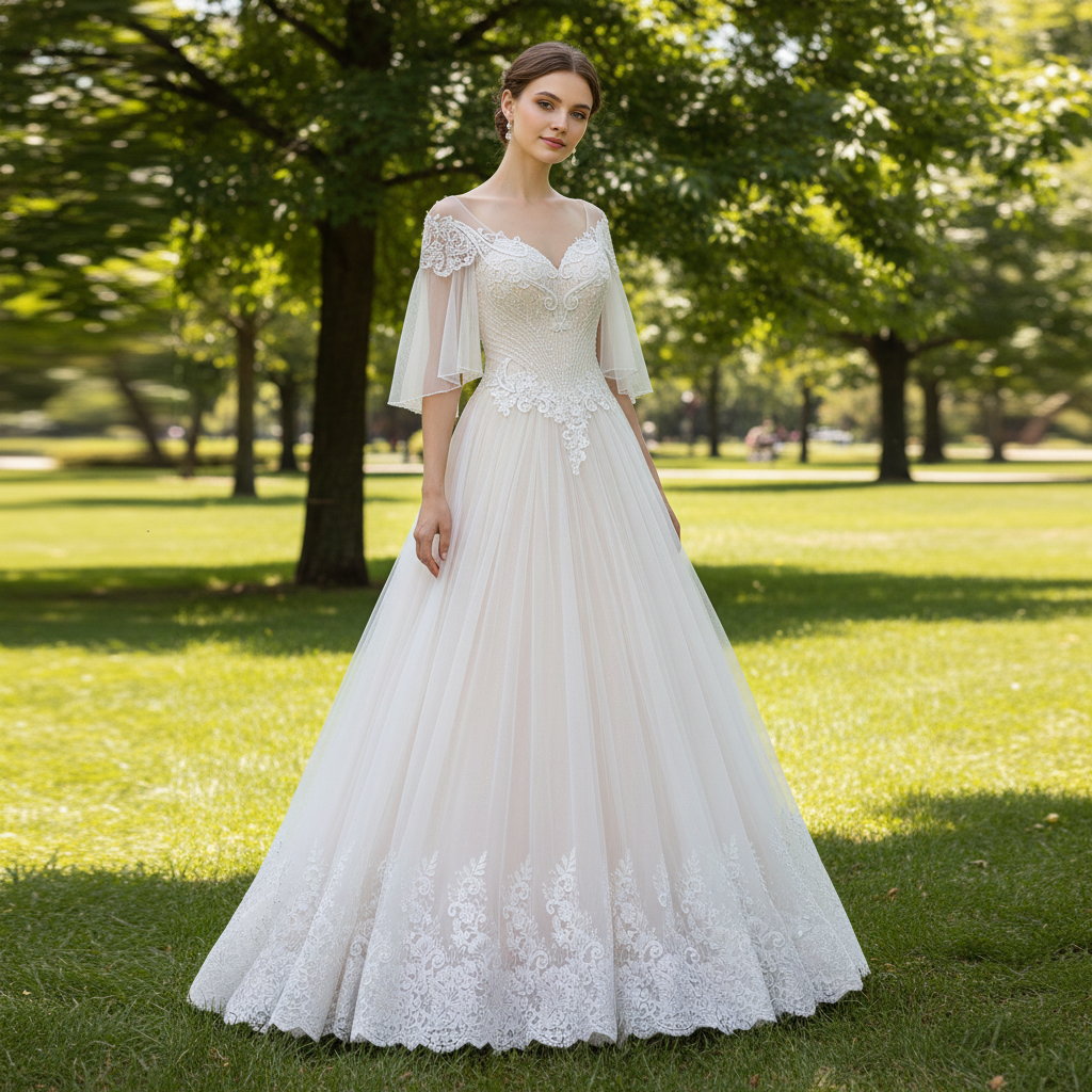 A-line Tulle Lace Wedding Dress with Half Flowy Sleeves Rosymae A-line Tulle Lace Wedding Dress with Half Flowy Sleeves Rosymae