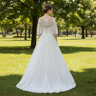 A-line Tulle Lace Wedding Dress with Half Flowy Sleeves
