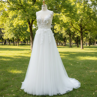 Elegant Tulle and Lace A-line Wedding Dress with Sheer Bodice