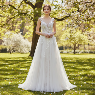 Elegant Tulle and Lace A-line Wedding Dress with Sheer Bodice