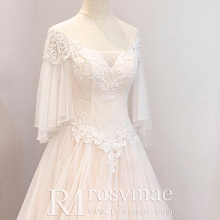 A-line Tulle Lace Wedding Dress with Half Flowy Sleeves