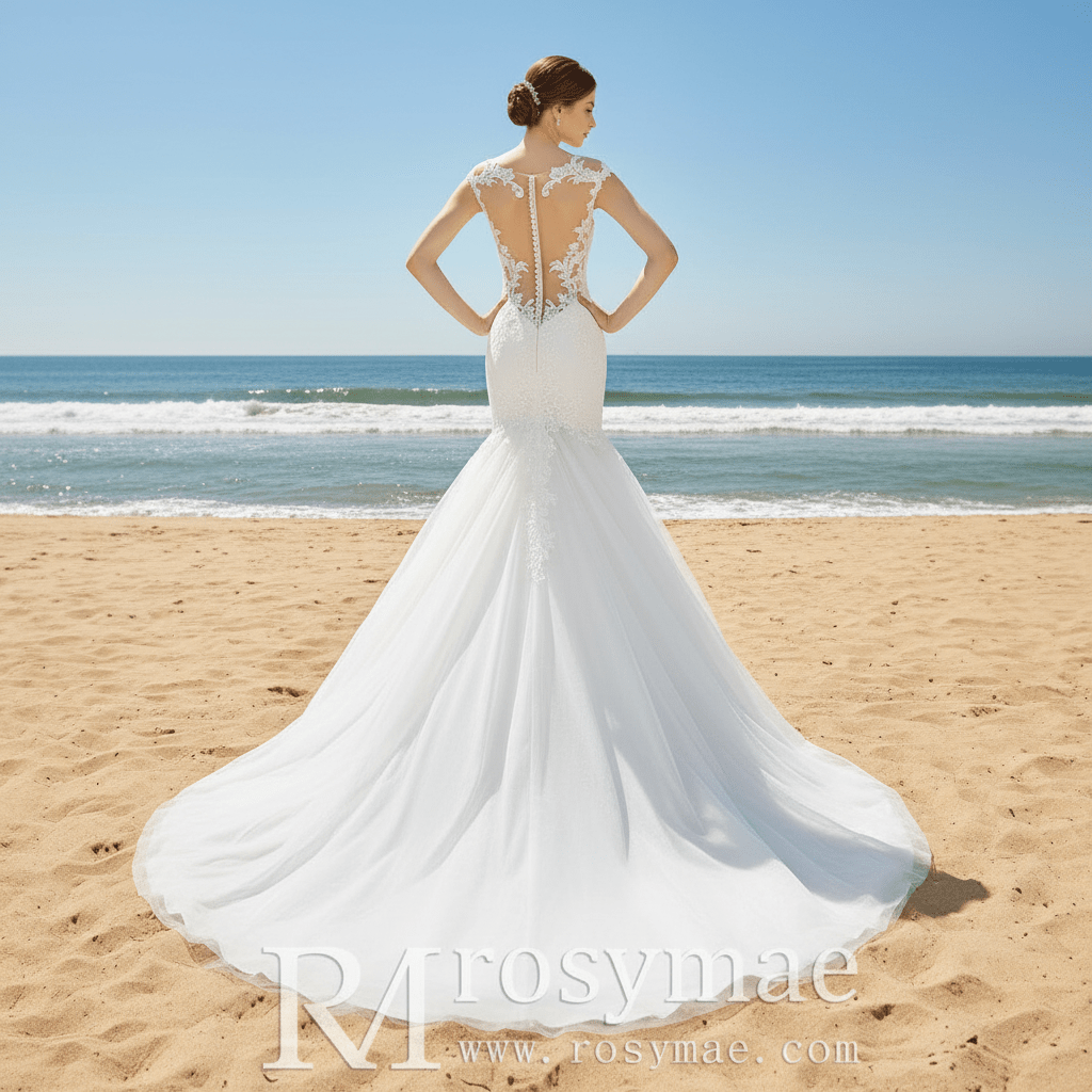 Tulle Lace Mermaid Trumpet Wedding Dress with Sheer Back - Rosymae