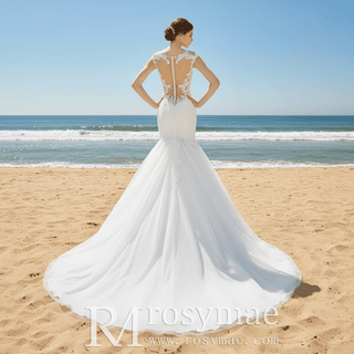Tulle Lace Mermaid Trumpet Wedding Dress with Sheer Back - Rosymae