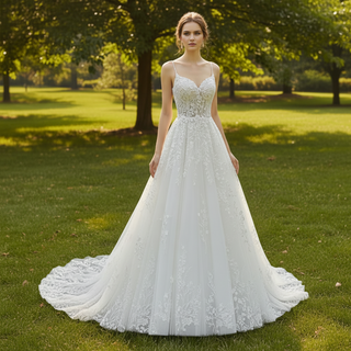 Sweetheart Neckline A-line Tulle Lace Wedding Dress with Spaghetti Strap