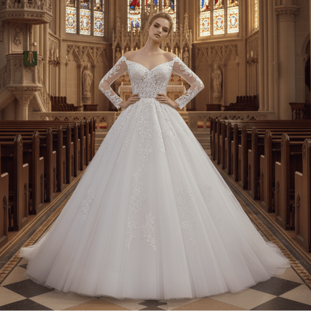 Tulle Lace Wedding Dresses with Off the Shoulder Long Sleeve - Rosymae