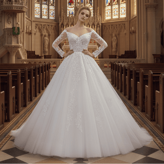 Tulle Lace Wedding Dresses with Off the Shoulder Long Sleeve - Rosymae