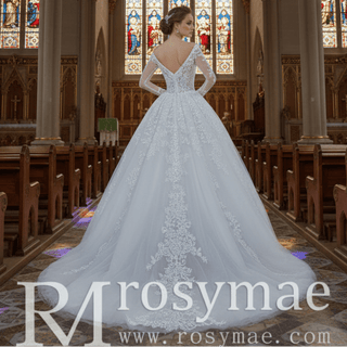 Tulle Lace Wedding Dresses with Off the Shoulder Long Sleeve - Rosymae