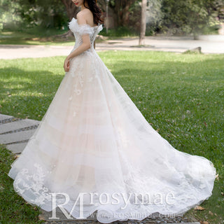 Tulle Off the Shoulder A Line Wedding Dress with Lace Applique - Rosymae