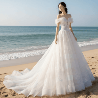 Tulle Off the Shoulder A Line Wedding Dress with Lace Applique - Rosymae