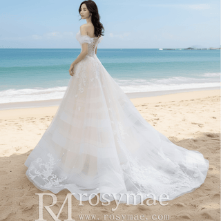 Tulle Off the Shoulder A Line Wedding Dress with Lace Applique - Rosymae