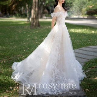 Tulle Off the Shoulder A Line Wedding Dress with Lace Applique - Rosymae
