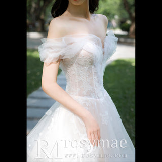 Tulle Off the Shoulder A Line Wedding Dress with Lace Applique - Rosymae