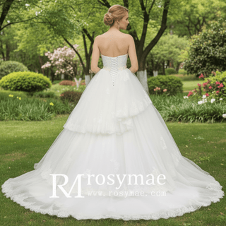 Tulle Strapless Sweetheart Neckline Ball Gown Wedding Dresses with Lace - Rosymae