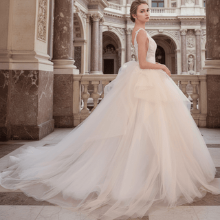 Tulle Tank V-Neck Ball Gown Wedding Dress With Layered Skirt - Rosymae