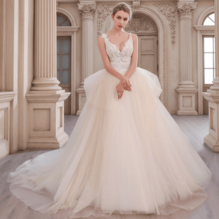 Tulle Tank V-Neck Ball Gown Wedding Dress With Layered Skirt - Rosymae