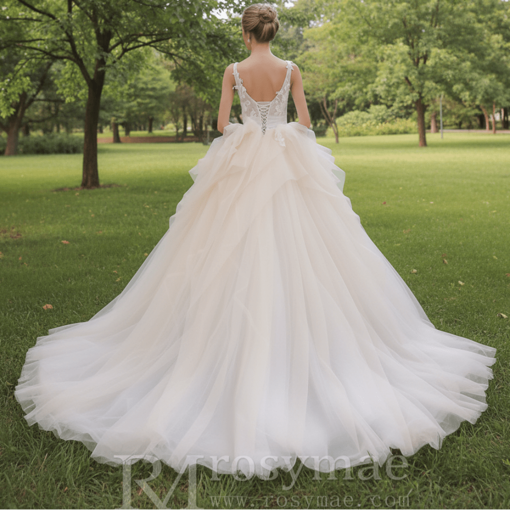 Tulle Tank V-Neck Ball Gown Wedding Dress With Layered Skirt - Rosymae