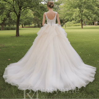 Tulle Tank V-Neck Ball Gown Wedding Dress With Layered Skirt - Rosymae