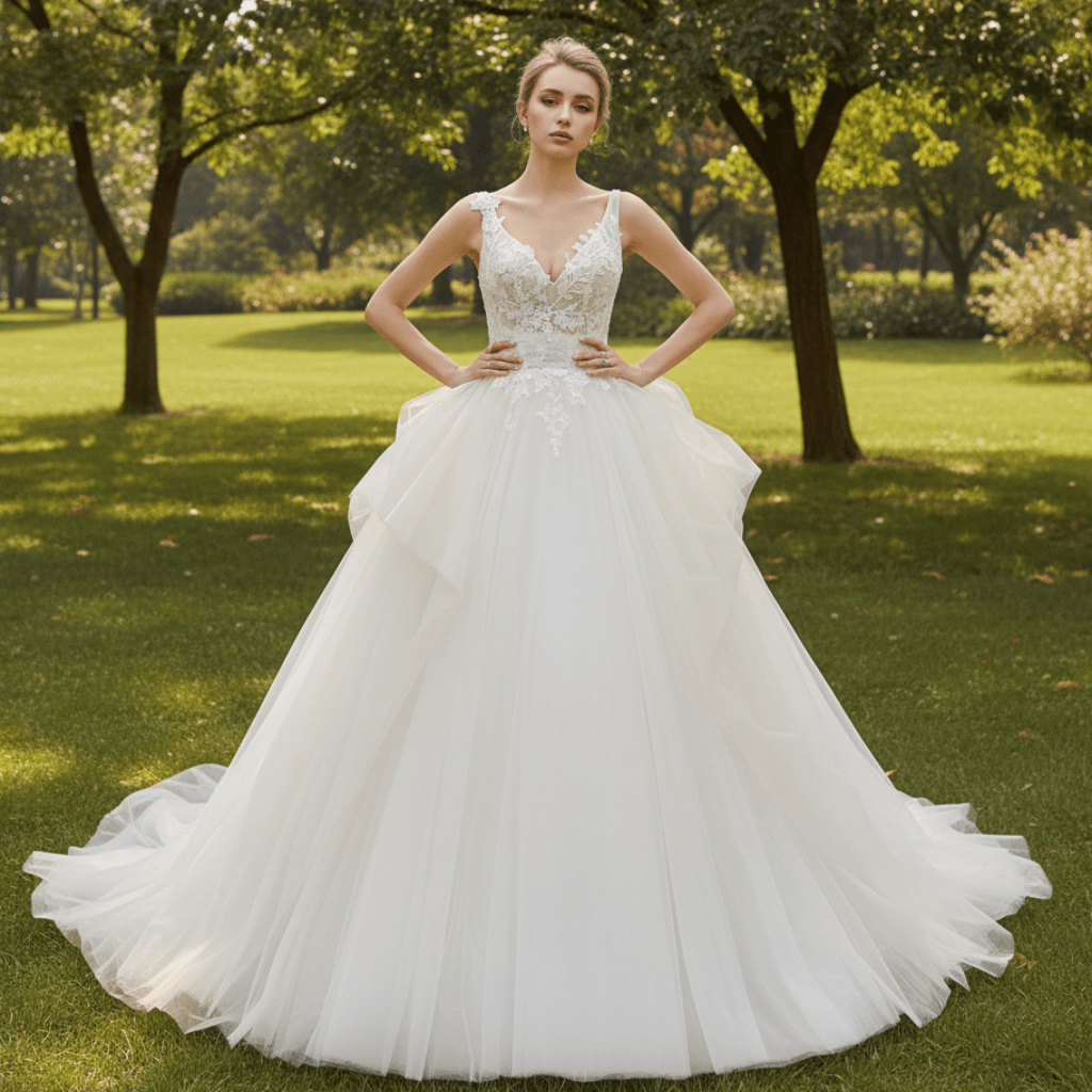 Tulle Tank V-Neck Ball Gown Wedding Dress With Layered Skirt - Rosymae