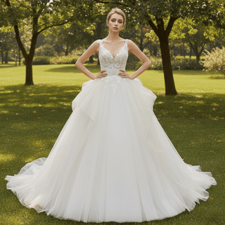 Tulle Tank V-Neck Ball Gown Wedding Dress With Layered Skirt - Rosymae