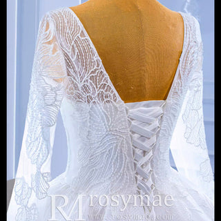 Tulle V-neck Long Sleeve Beading Wedding Dress Ball Gown - Rosymae