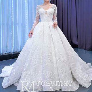 Tulle V-neck Long Sleeve Beading Wedding Dress Ball Gown - Rosymae