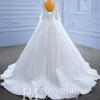 Tulle V-neck Long Sleeve Beading Wedding Dress Ball Gown - Rosymae