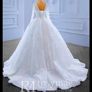 Tulle V-neck Long Sleeve Beading Wedding Dress Ball Gown - Rosymae