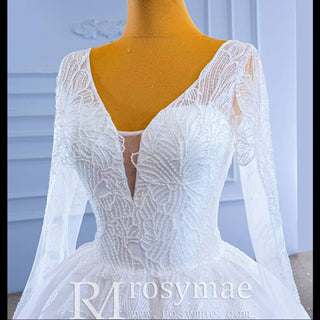 Tulle V-neck Long Sleeve Beading Wedding Dress Ball Gown - Rosymae