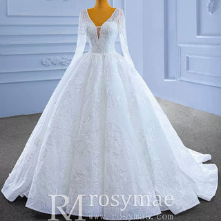 Tulle V-neck Long Sleeve Beading Wedding Dress Ball Gown - Rosymae