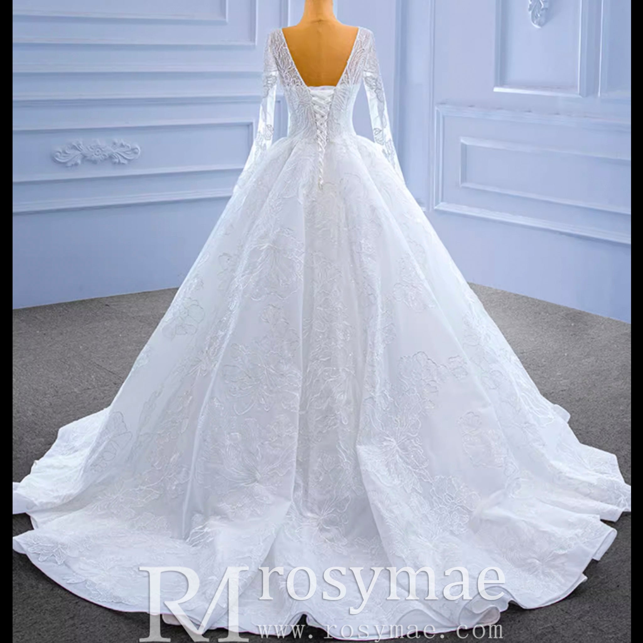 Tulle V-neck Long Sleeve Beading Wedding Dress Ball Gown - Rosymae