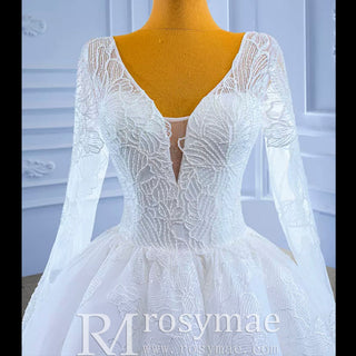 Tulle V-neck Long Sleeve Beading Wedding Dress Ball Gown - Rosymae