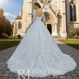 Tulle V-neck Long Sleeve Beading Wedding Dress Ball Gown - Rosymae