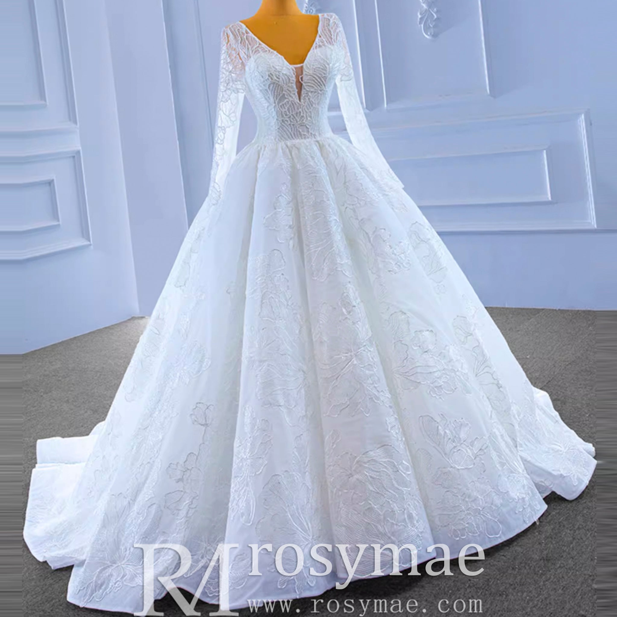 Tulle V-neck Long Sleeve Beading Wedding Dress Ball Gown - Rosymae