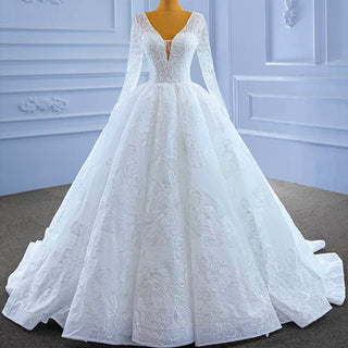 Tulle V-neck Long Sleeve Beading Wedding Dress Ball Gown - Rosymae