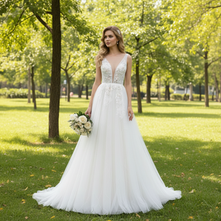Plunging Neckline V-neck Tank Wedding Dress with Color Flowers