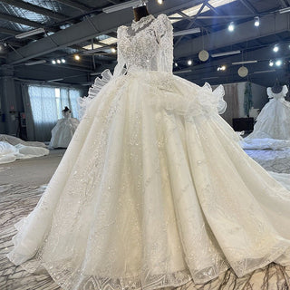 Turtle O-neck Luxury Sparkly Wedding Dress with Long Sleeve - Rosymae