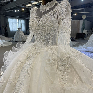 Turtle O-neck Luxury Sparkly Wedding Dress with Long Sleeve - Rosymae