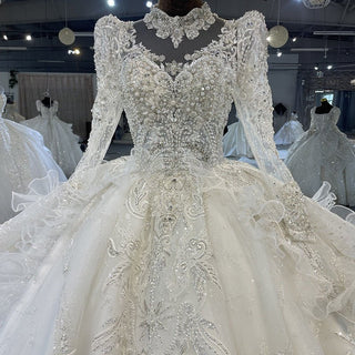 Turtle O-neck Luxury Sparkly Wedding Dress with Long Sleeve - Rosymae