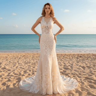 Turtle O Neckline Sheer Bodice Fit Flare Lace Bridal Wedding Dress - Rosymae