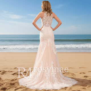 Turtle O Neckline Sheer Bodice Fit Flare Lace Bridal Wedding Dress - Rosymae