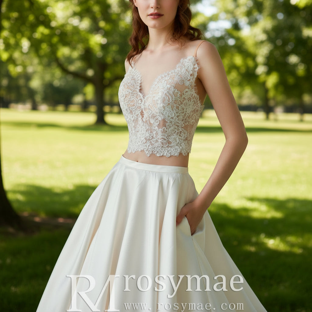 A-line Two Pieces Lace Top Wedding Dresses With Pockets Rosymae A-line Two Pieces Lace Top Wedding Dresses With Pockets Rosymae