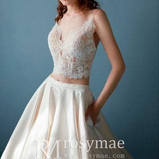 A-line Two Pieces Lace Top Wedding Dresses With Pockets