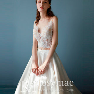 A-line Two Pieces Lace Top Wedding Dresses With Pockets